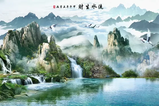 طرح پوستر دیواری منظره چینی و آبشار