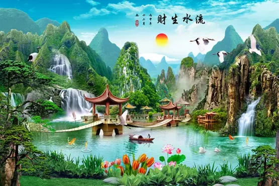 پوستر دیواری با طرح منظره چینی از آبشار