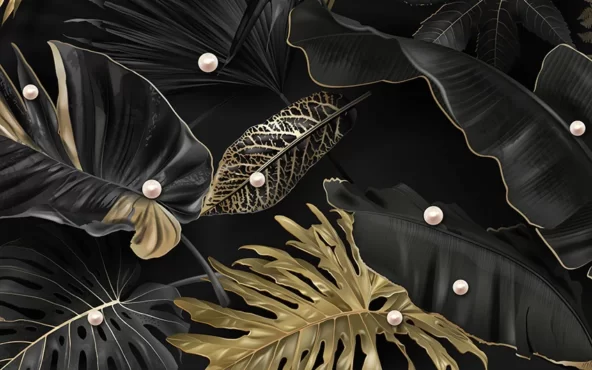 طرح پوستر دیواری برگ های مشکی و طلایی