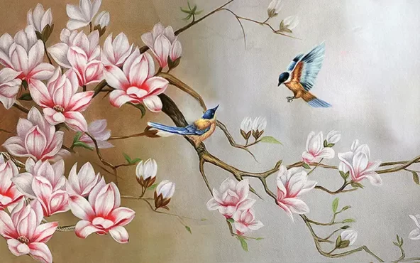 طرح پوستر دیواری بلبل و شکوفه های بهاری