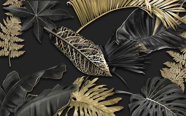 طرح کاغذ دیواری برگ مشکی طلایی