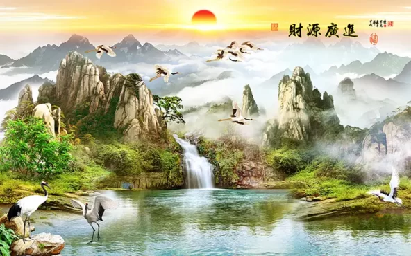 طرح پوستر دیواری آبشار و لک لک