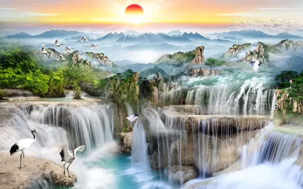 طرح کاغذ دیواری دیواری منظره چینی کوه و آبشار