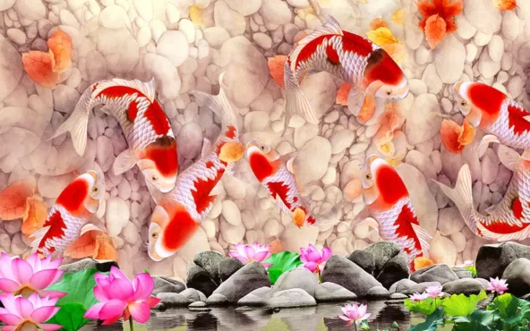 پوستر دیواری ماهی قرمز و سفید در برکه