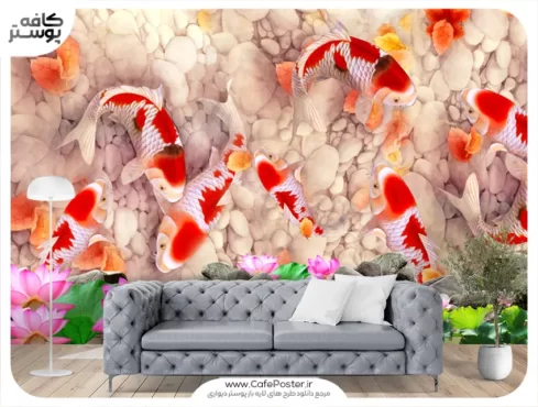 پوستر دیواری ماهی قرمز و سفید در برکه