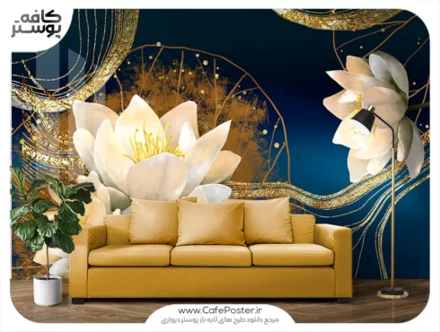 طرح پوستر دیواری گل ارکیده سفید و طلایی